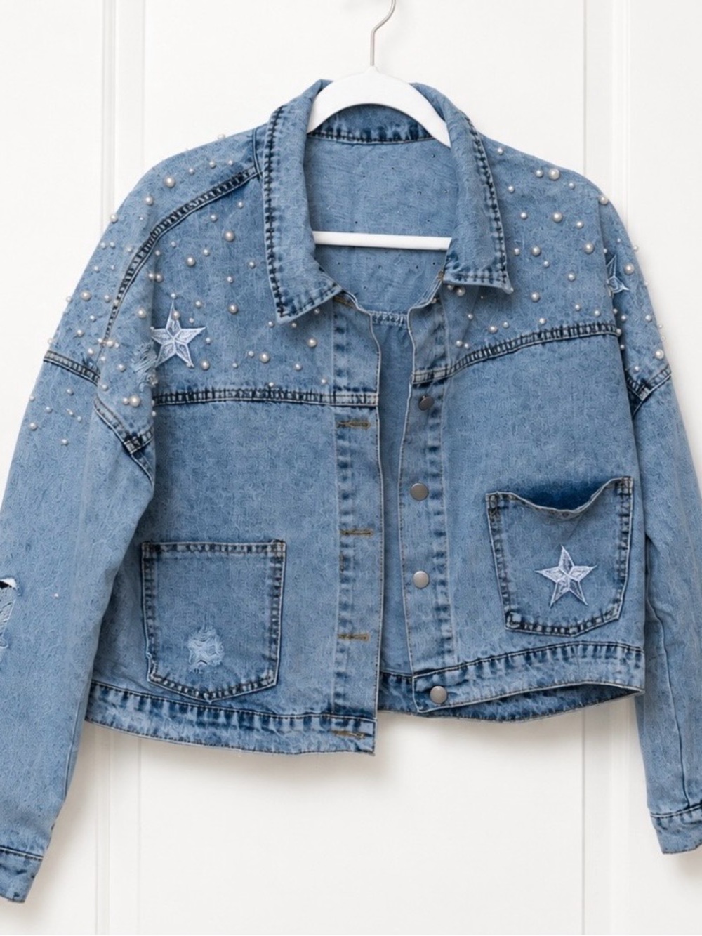 Embellished Light Blue Denim Jacket with Star Patches